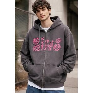 Alife dark gray full Zip hoodie with hot pink logo with polka dots. Size M